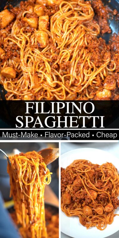 Collage of two photos of Filipino Spaghetti with recipe title text.