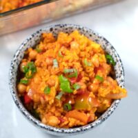 Closeup of a serving of Leftover Spanish Rice Bake.