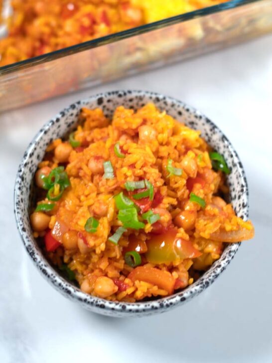 Closeup of a serving of Leftover Spanish Rice Bake.
