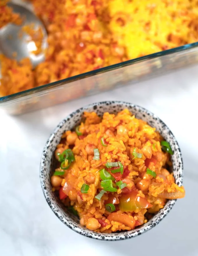 Closeup of a serving of Leftover Spanish Rice Bake.