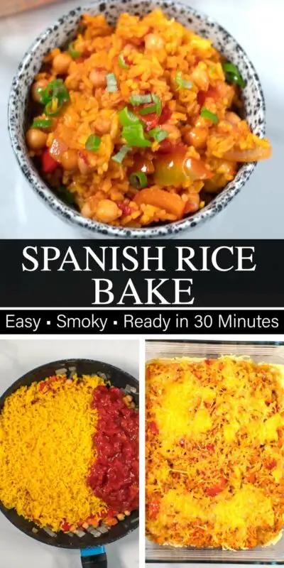 Collage of two photos of leftover Spanish Rice Bake with recipe title text.