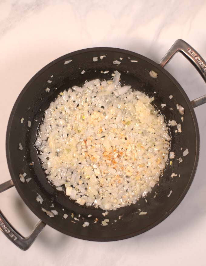 Onions are sauteed in butter.