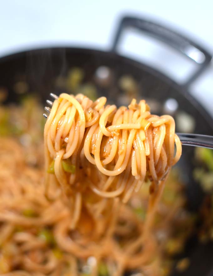 Closup of Miso Pasta on a fork.