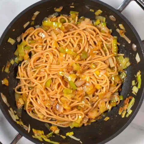 Mixed Miso Pasta in the frying pan.