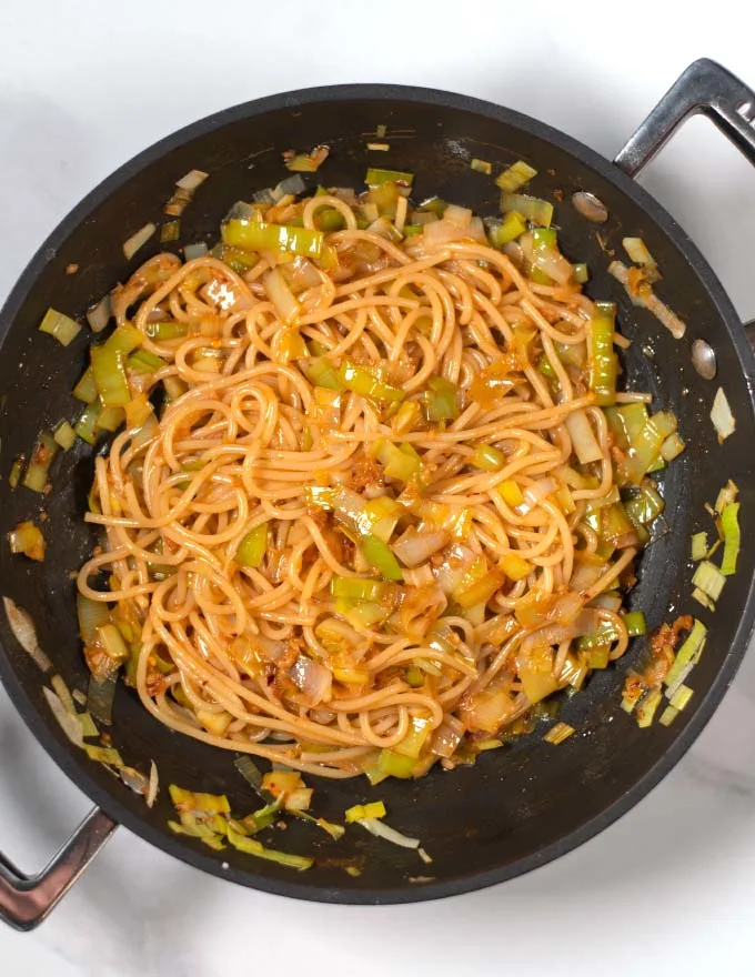 Mixed Miso Pasta in the frying pan.