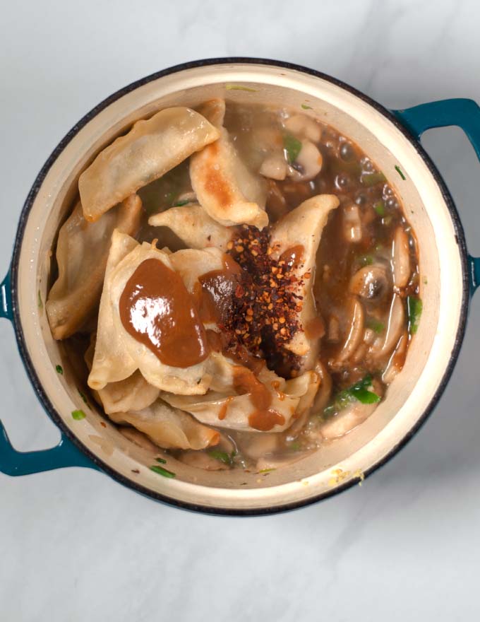 Dumplings, broth and miso are given to the soup.