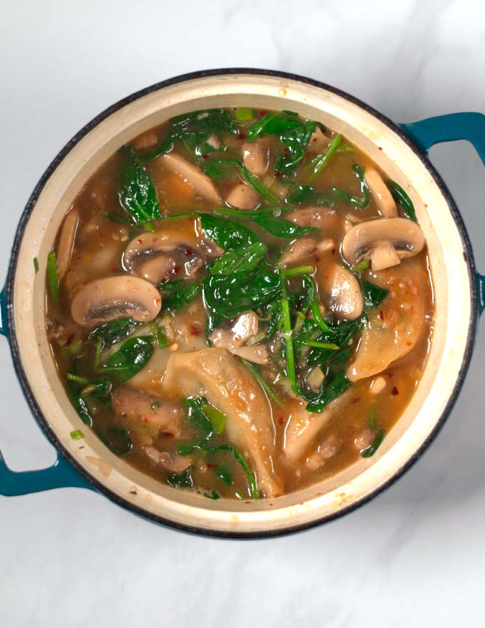 Fresh spinach added to the Potsticker Soup.