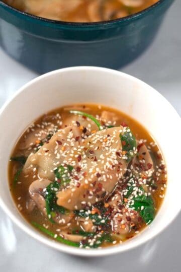Closeup of a serving of Potsticker Soup.