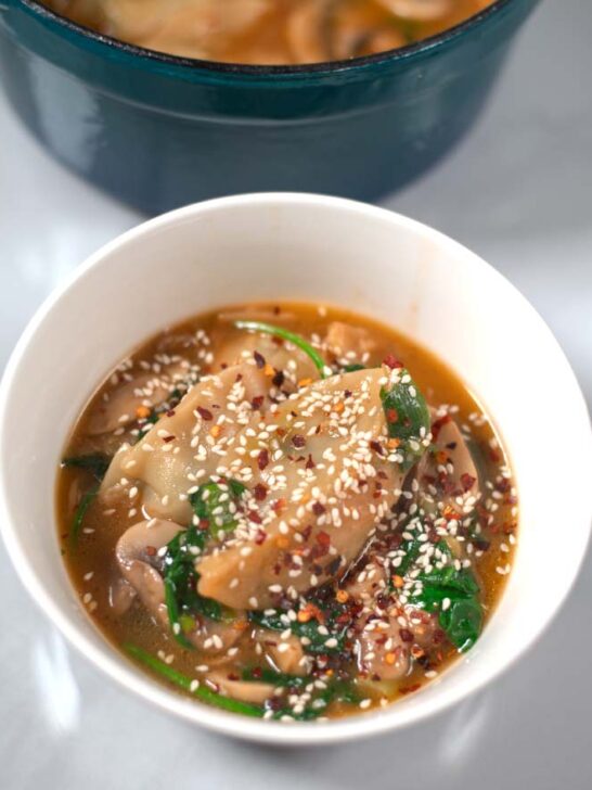 Closeup of a serving of Potsticker Soup.