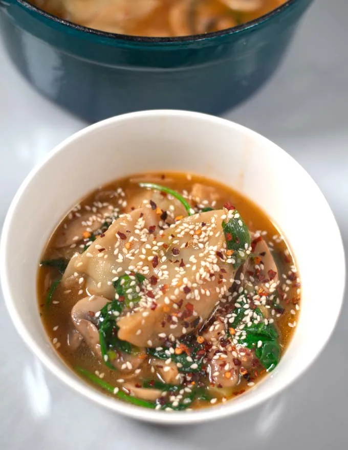 Closeup of a serving of Potsticker Soup.