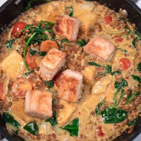 Ready Tofu Curry in a pan.
