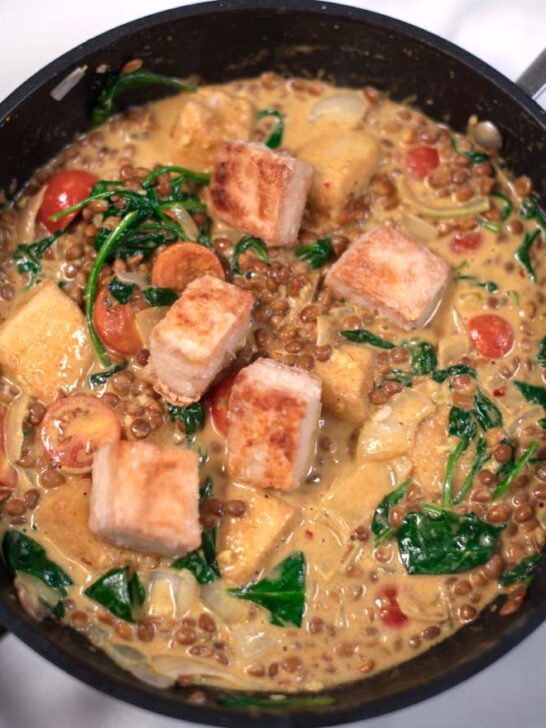 Ready Tofu Curry in a pan.
