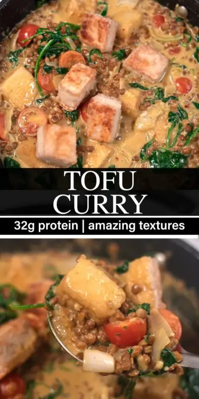Collage of two photos of Tofu Curry with recipte title text.