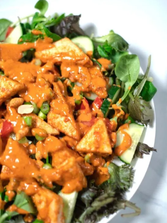 Closup on Tofu Salad with Peanut-Lime Dressing.