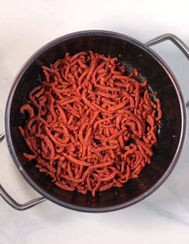 Vegan bacon strips are prefried.