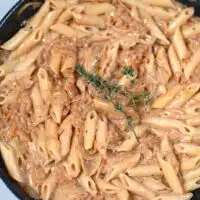Closeup of a pan with French Onion Pasta.