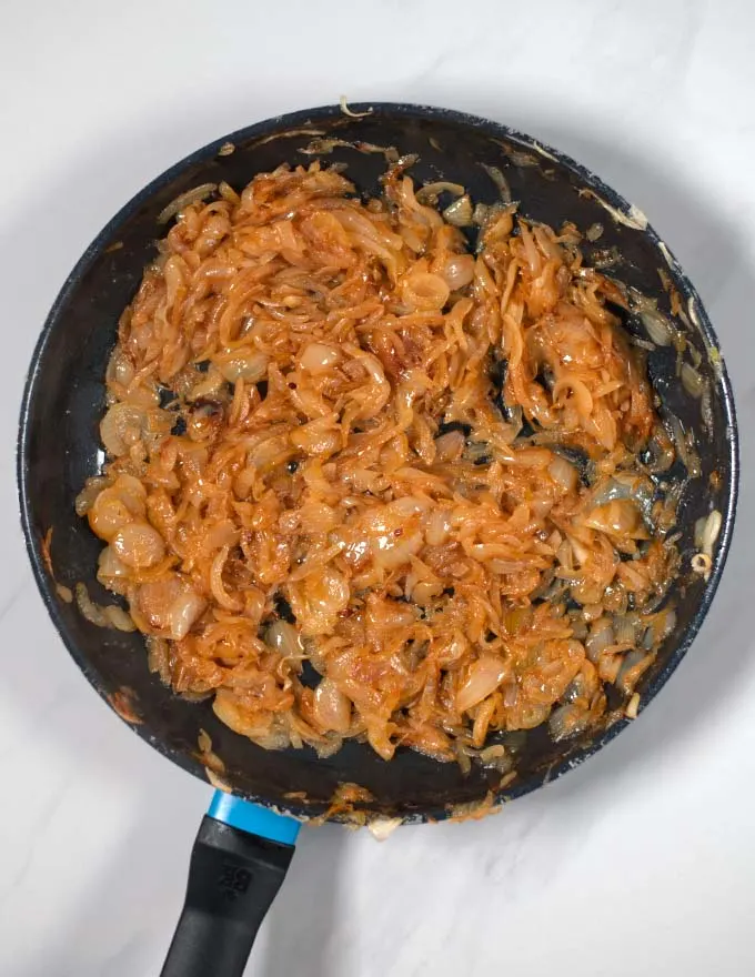 Onions are caramelized in butter.