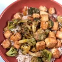 Closeup of a serving of Tofu and Broccoli over rice.