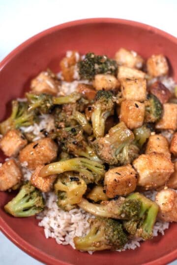 Closeup of a serving of Tofu and Broccoli over rice.