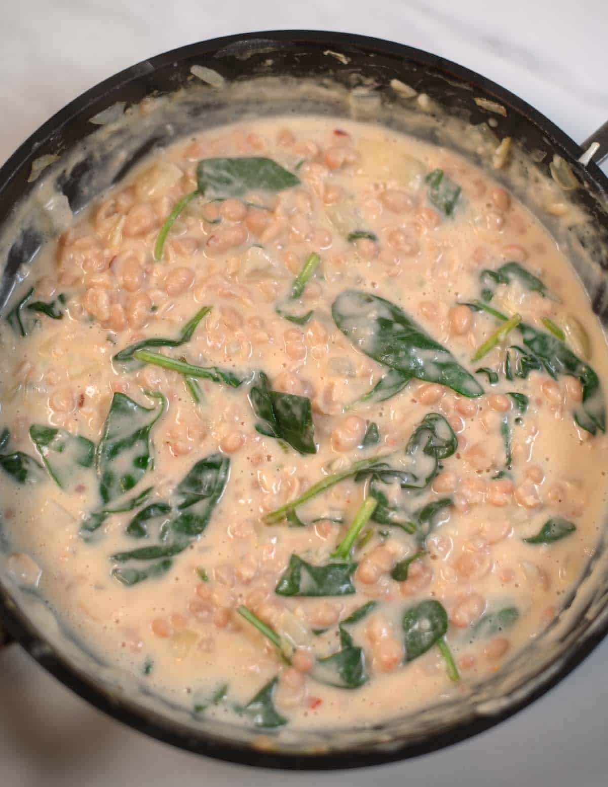 Closeup on Beans and Green in creamy sauce.