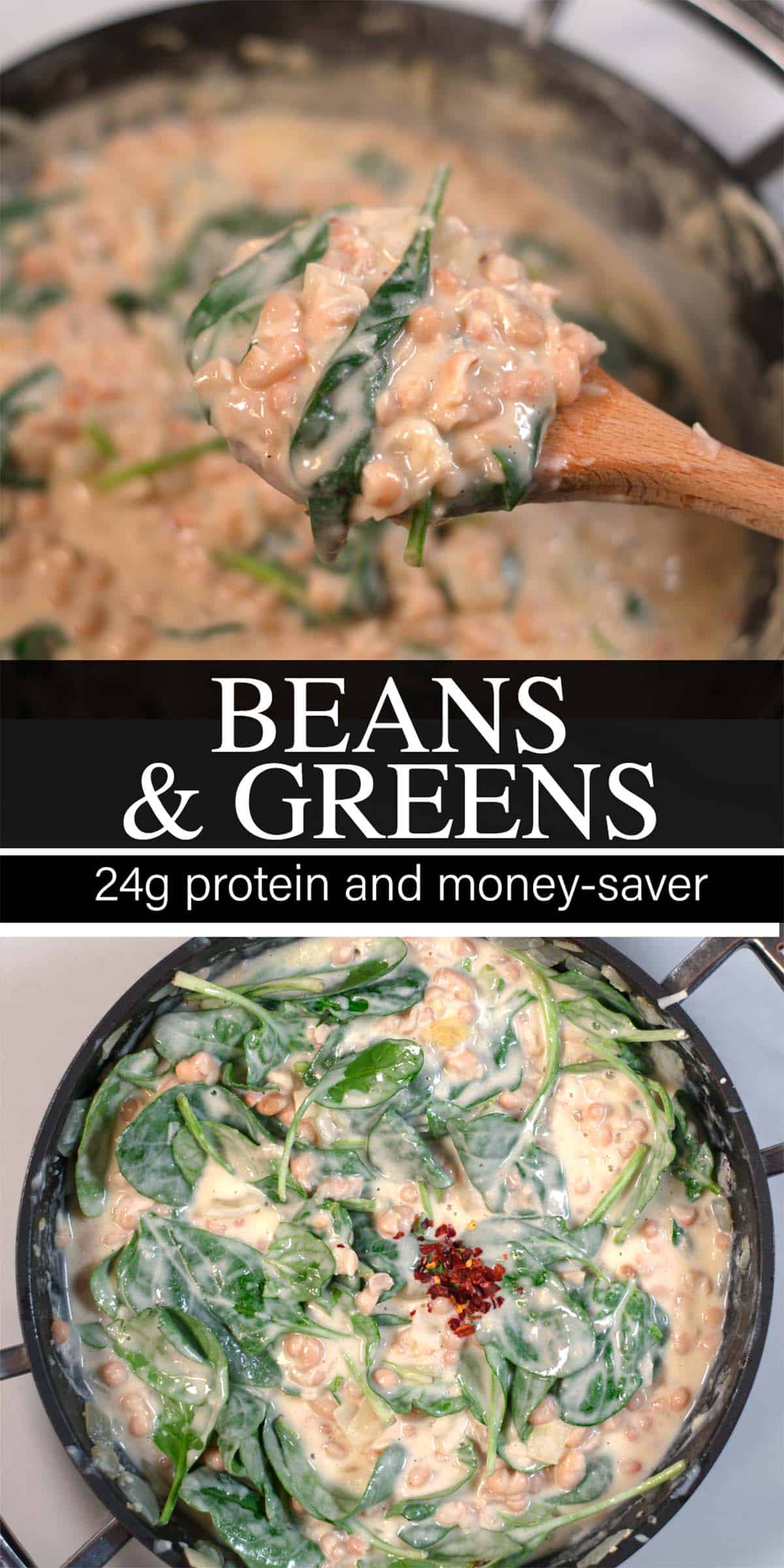 A collage of two photos of Beans and Greens with recipe title text.