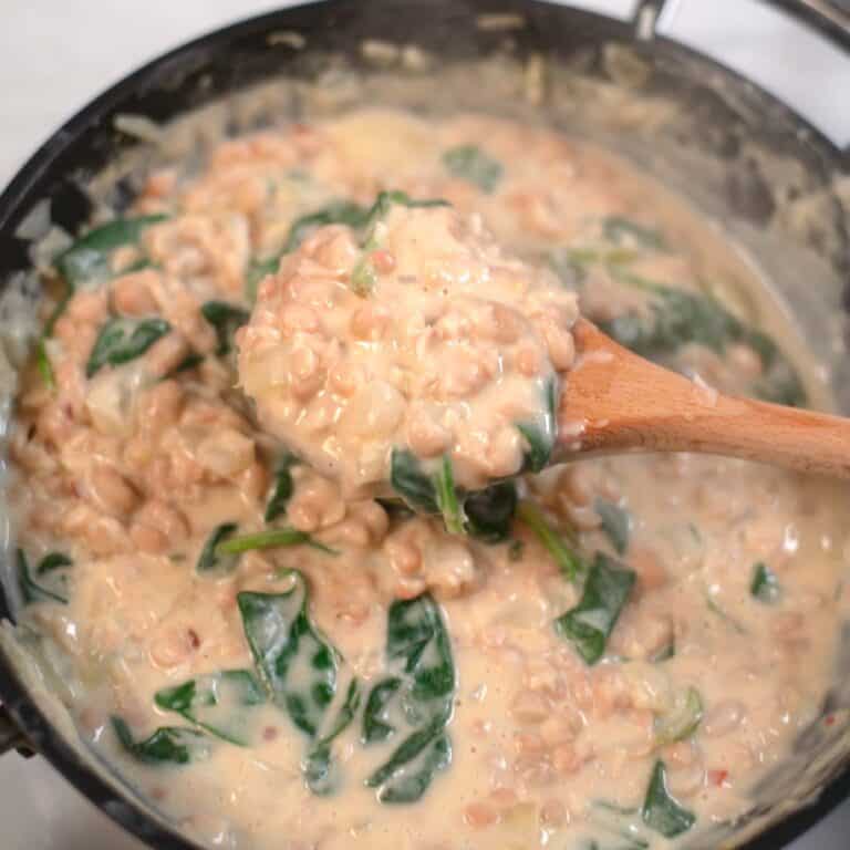 A spoon lifts Beans and Greens from a pan.