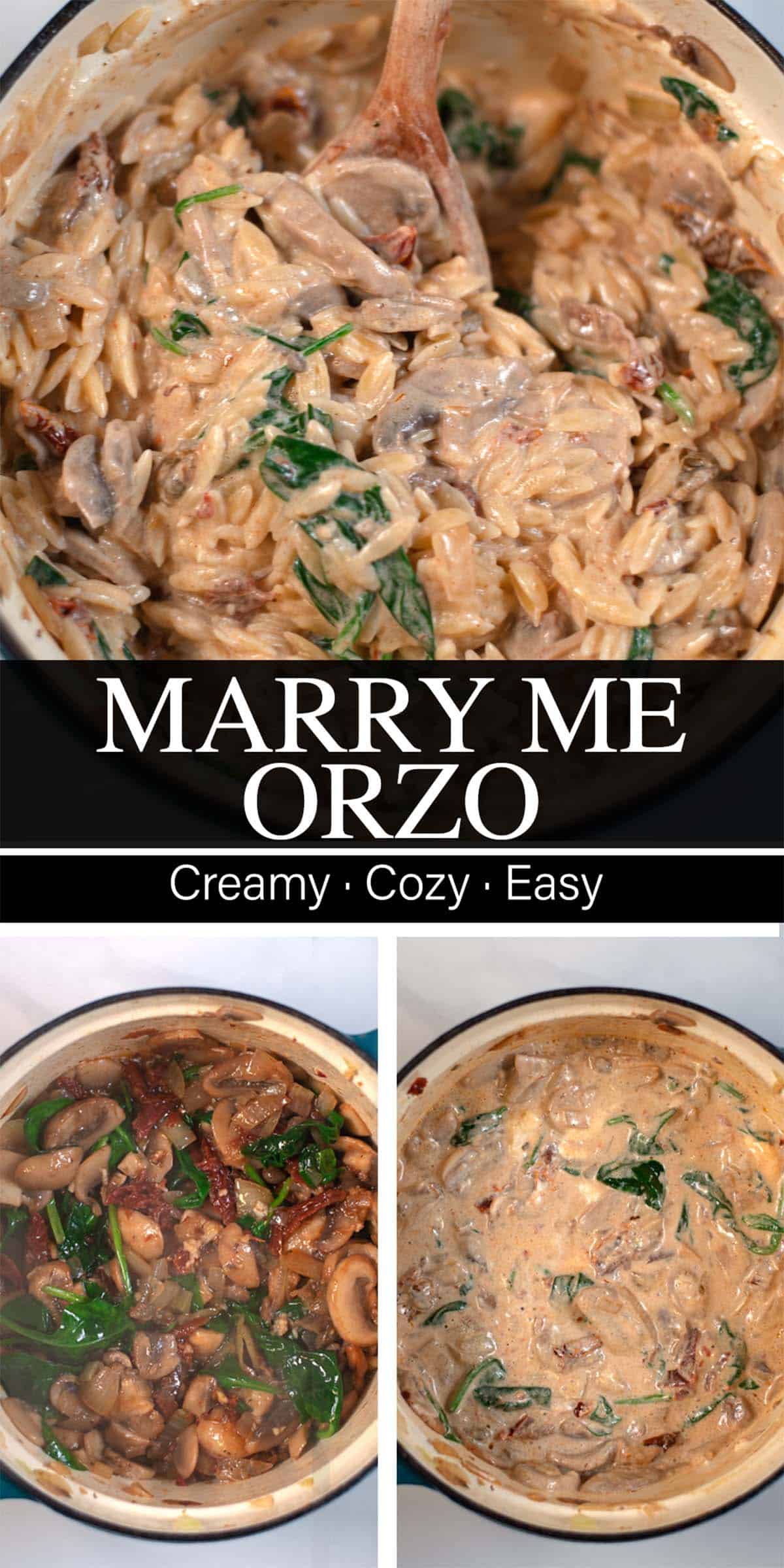 A collage of two photos showing steps in making Marry Me Orzo with recipe title text.