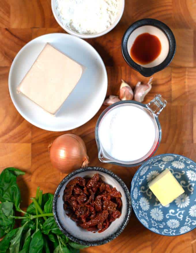 Ingredients needed to make Marry Me Tofu collected before cooking.