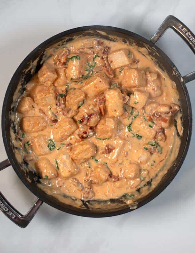 Ready Marry Me Tofu in a pan.