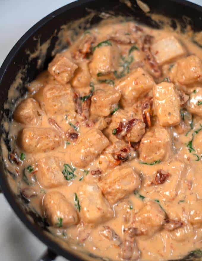 Closeup on Marry Me Tofu in the pan.