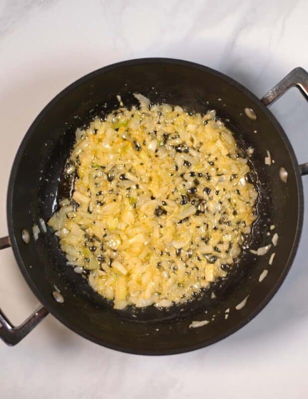 Onions for the Marry Me Tofu are sauteed in oil.