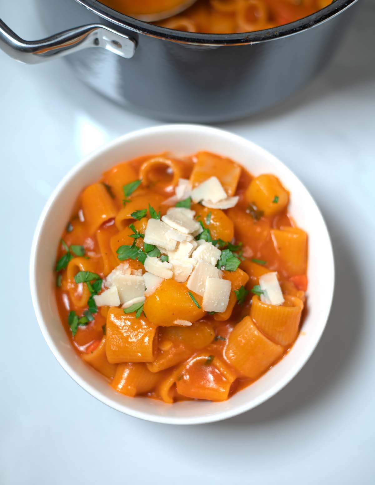 Closeup of a serving of Pasta e Patate.