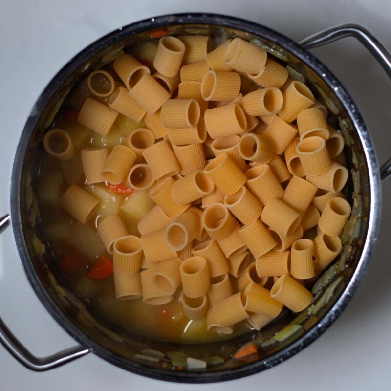 Pasta is added to the pot.