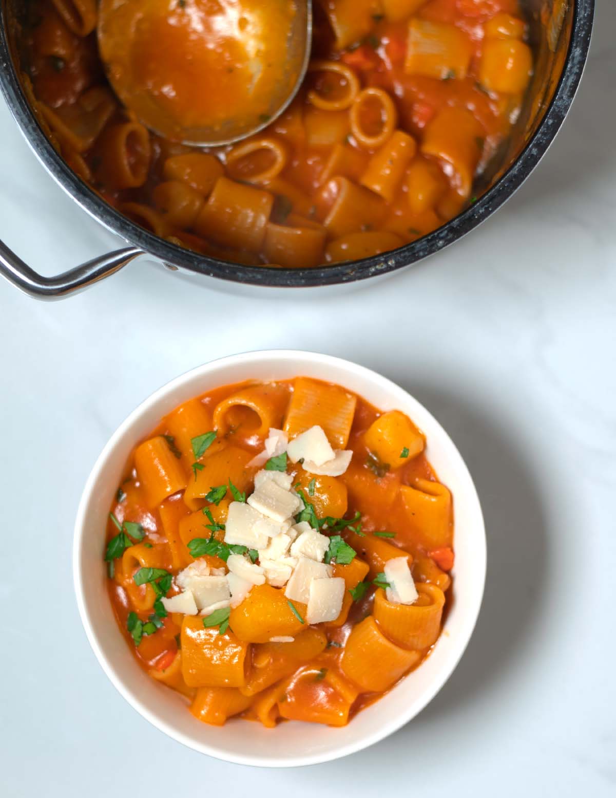 A serving of Pasta e Patate in a white serving bowl.