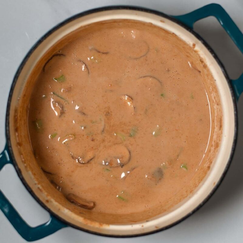 Creamy Ramen sauce in a Dutch oven.