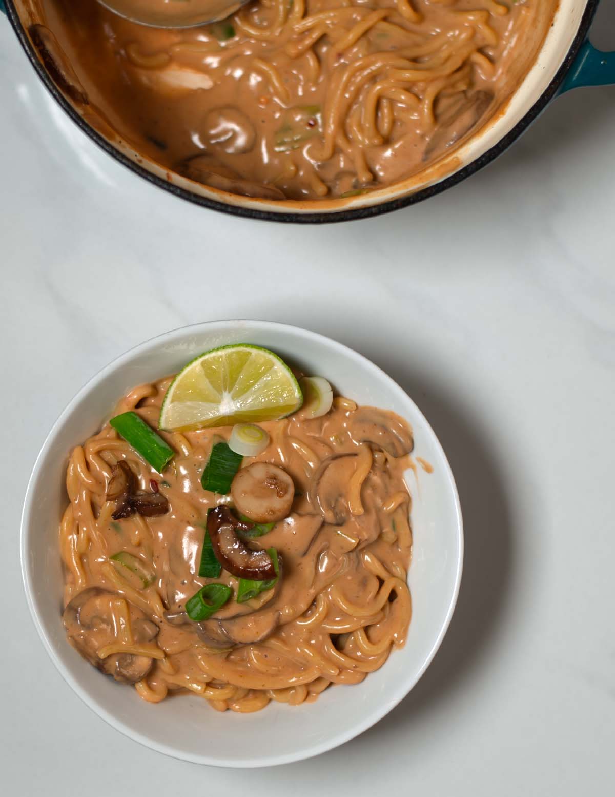A serving of Peanut Butter Ramen in a small serving bowl.