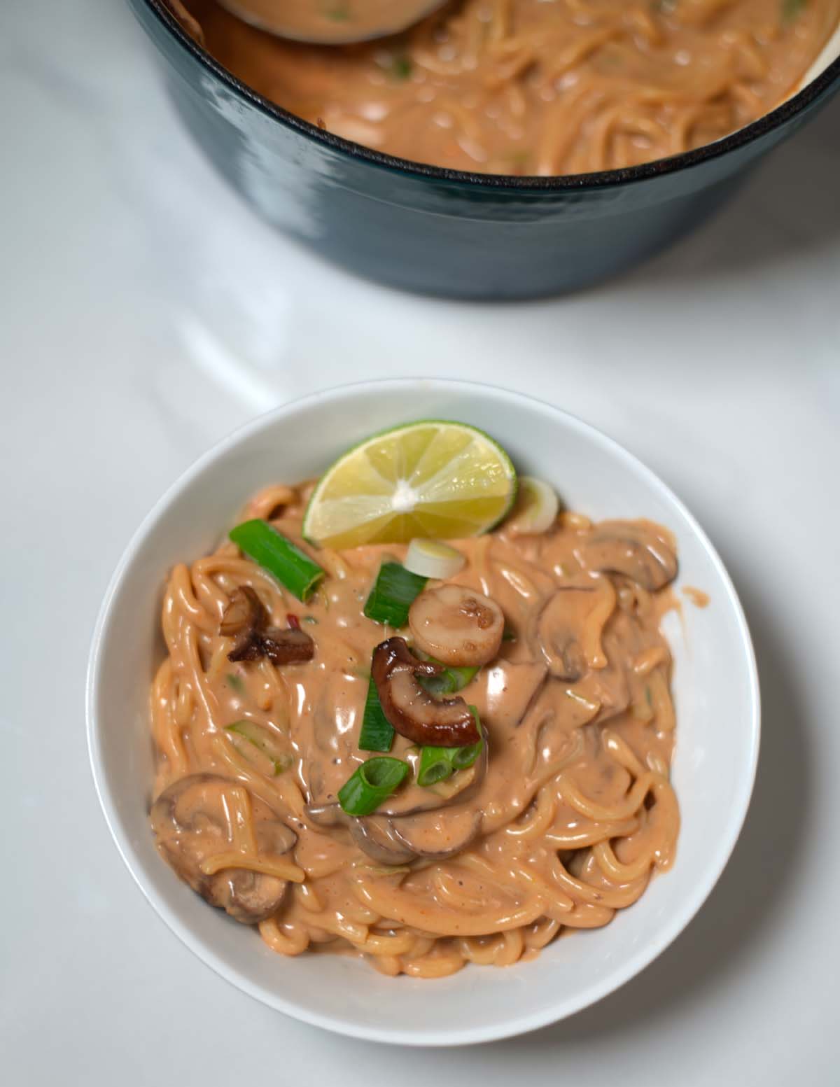 Closeup on a serving of Peanut Butter Ramen.