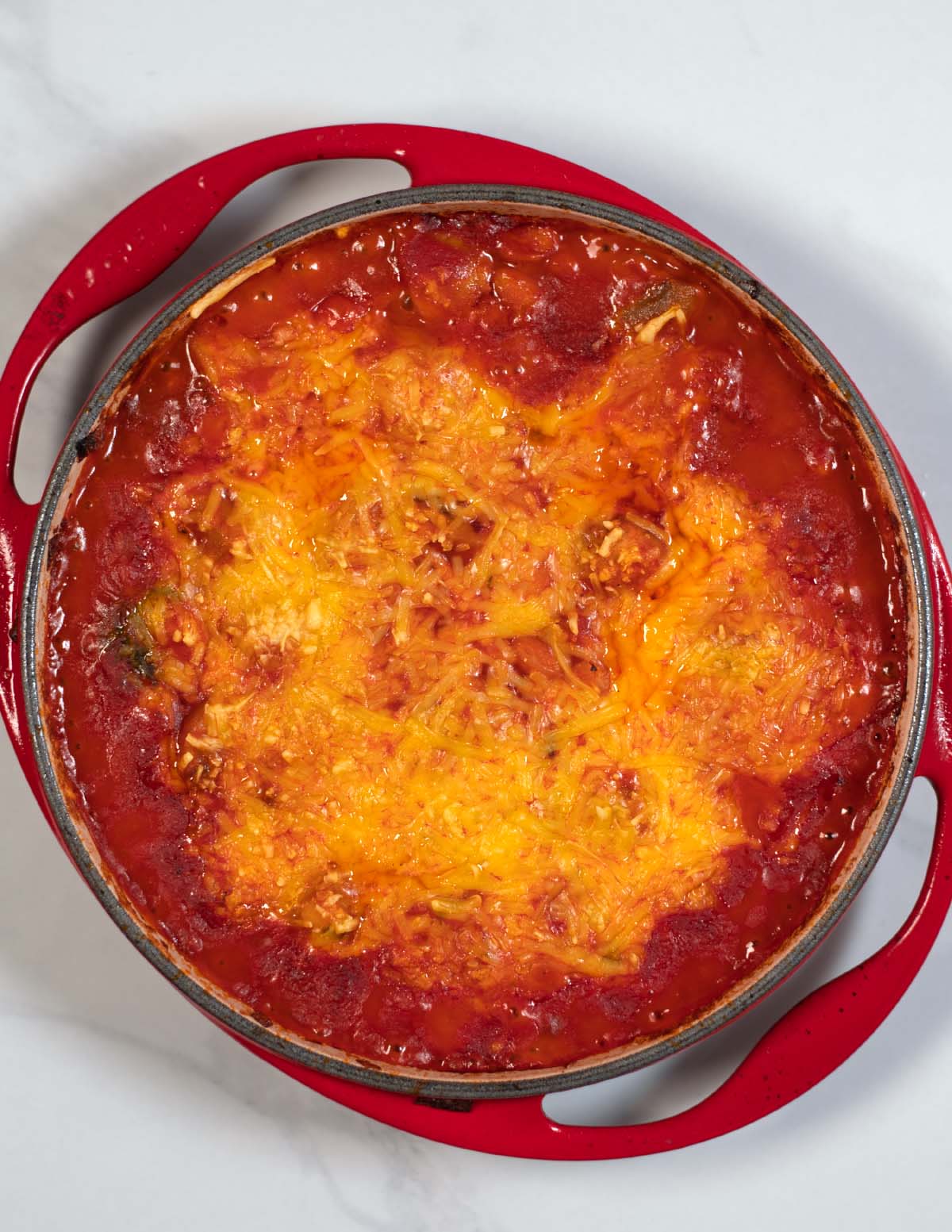 Pizza Beans with golden cheesy crust after baking.