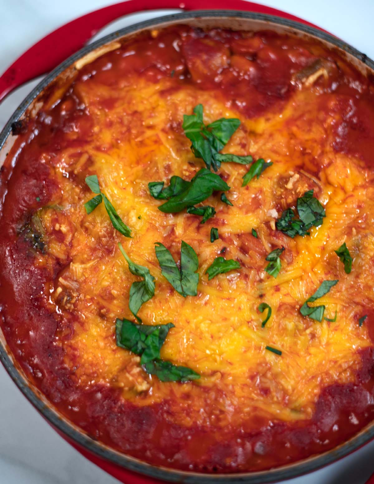 Closeup of ready baked Pizza Beans.