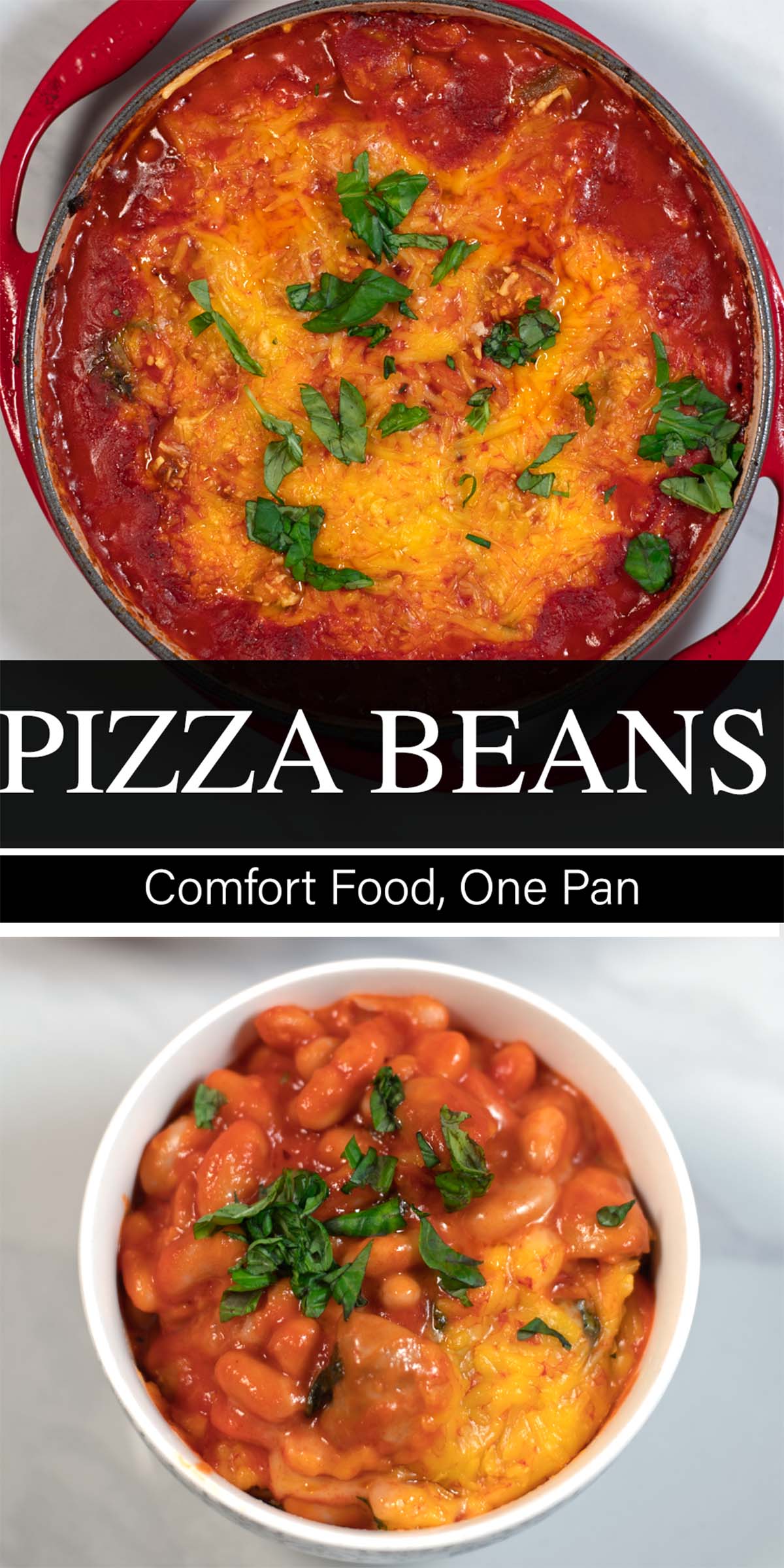 Collage of two photos of Pizza Beans with recipe title text.