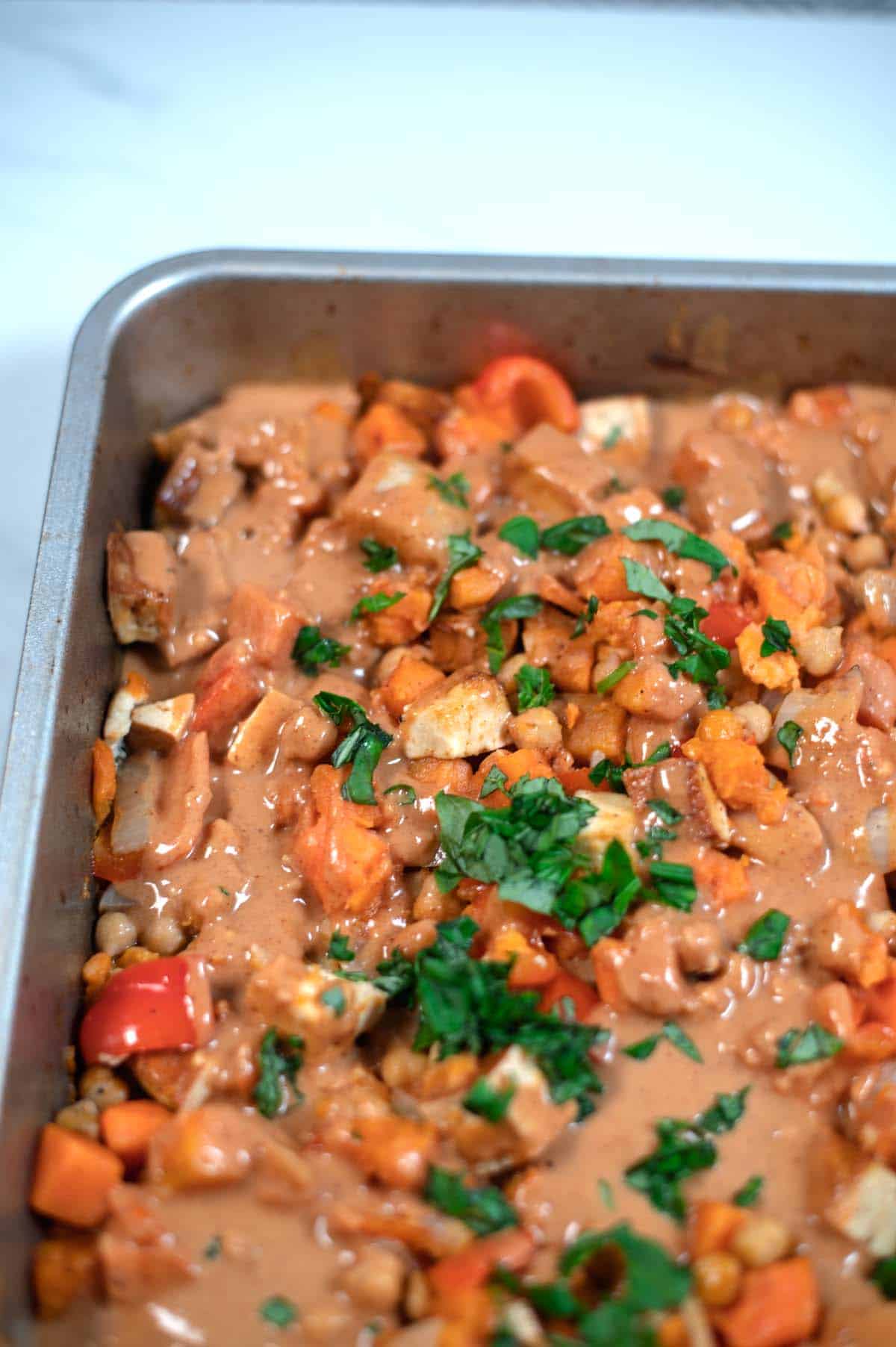 Sheet-pan Sweet Potato Salad ready to be served.