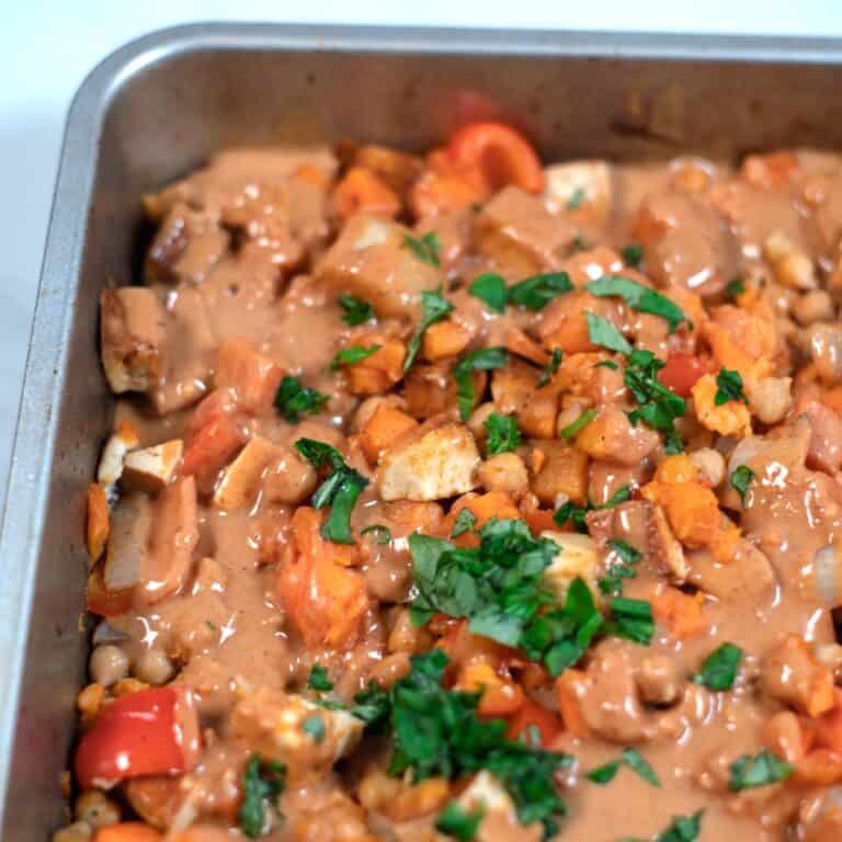 Preview photo showing Sweet Potato Salad with roasted vegetables and creamy peanut dressing.