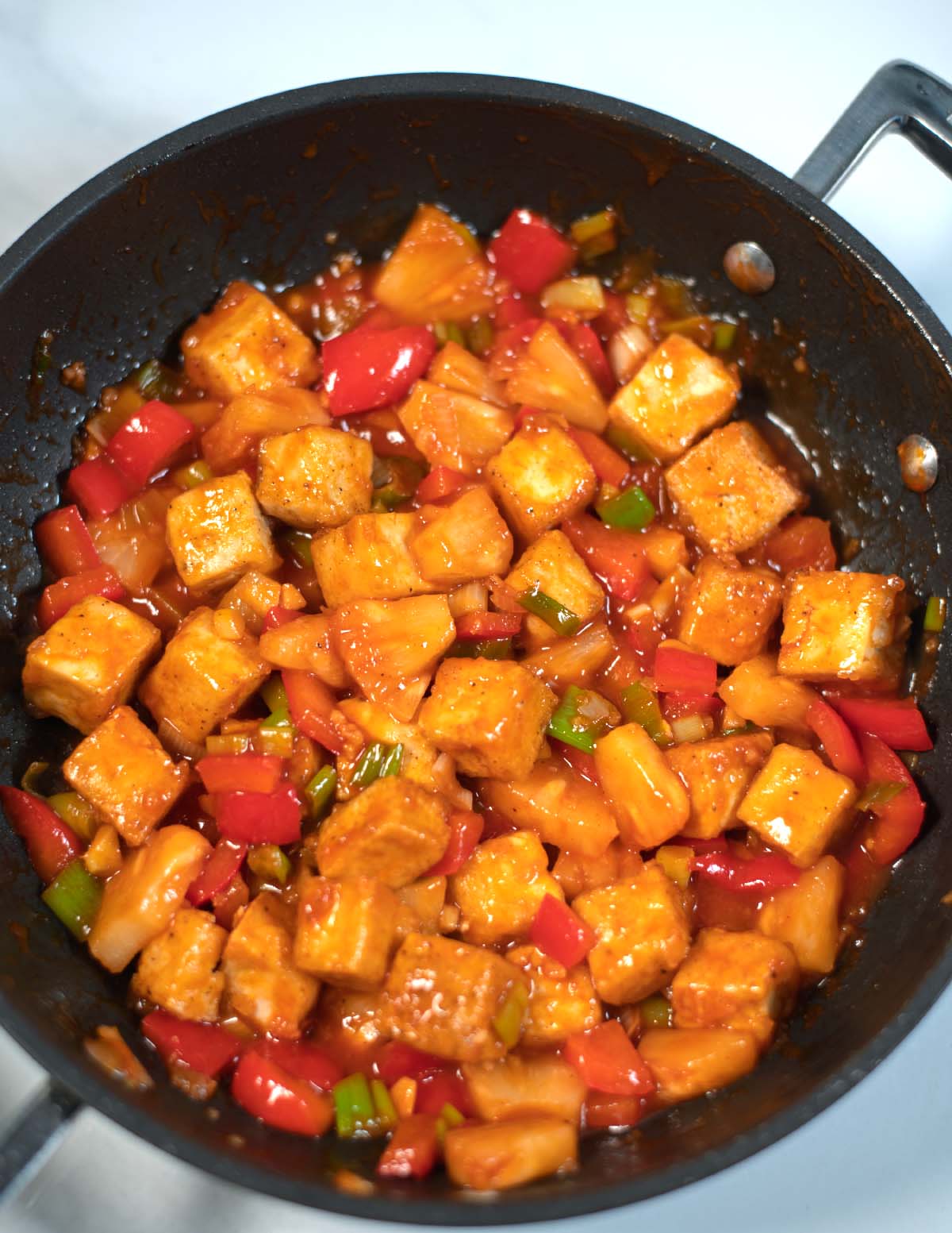 Closeup on Sweet and Sour Tofu.