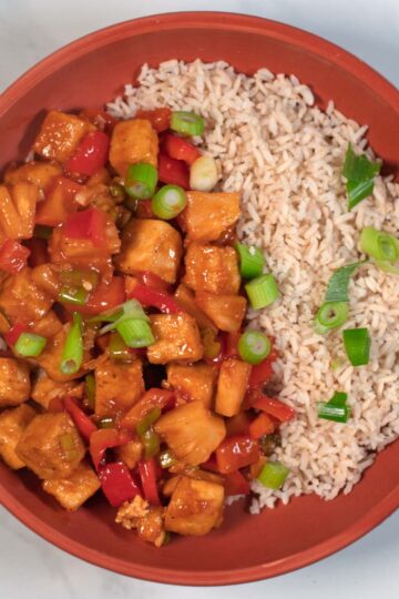 A serving of Sweet and Sour Tofu with white rice.