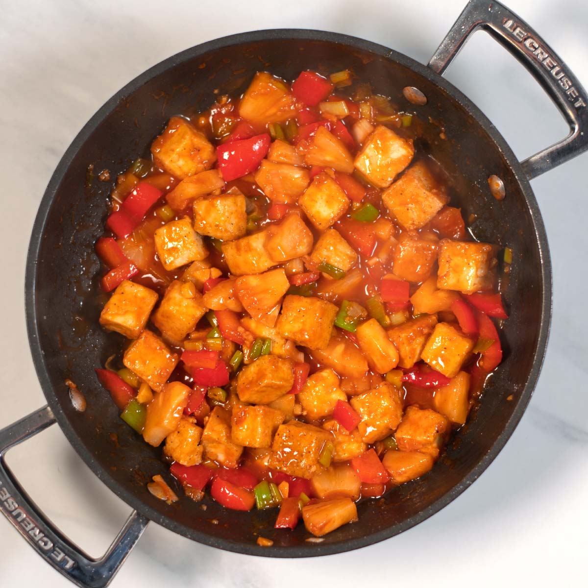 Sweet and Sour Tofu in a pan.