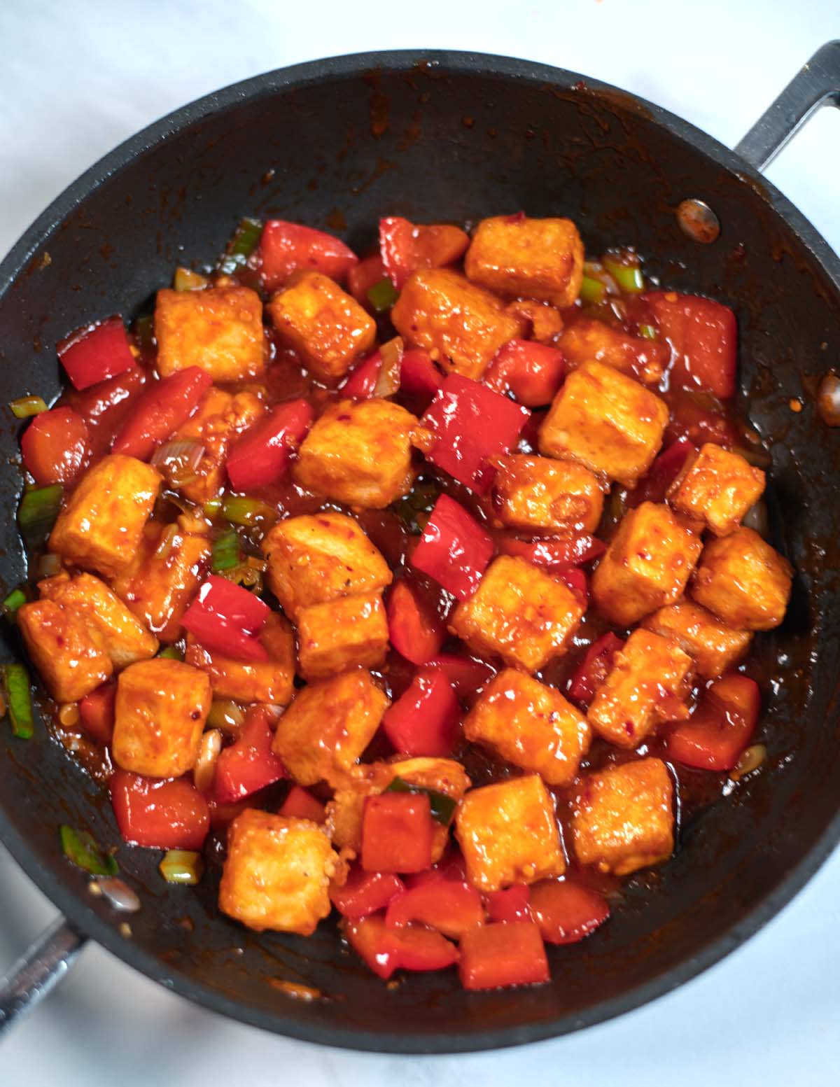 Closeup of Chili Tofu in a pan.
