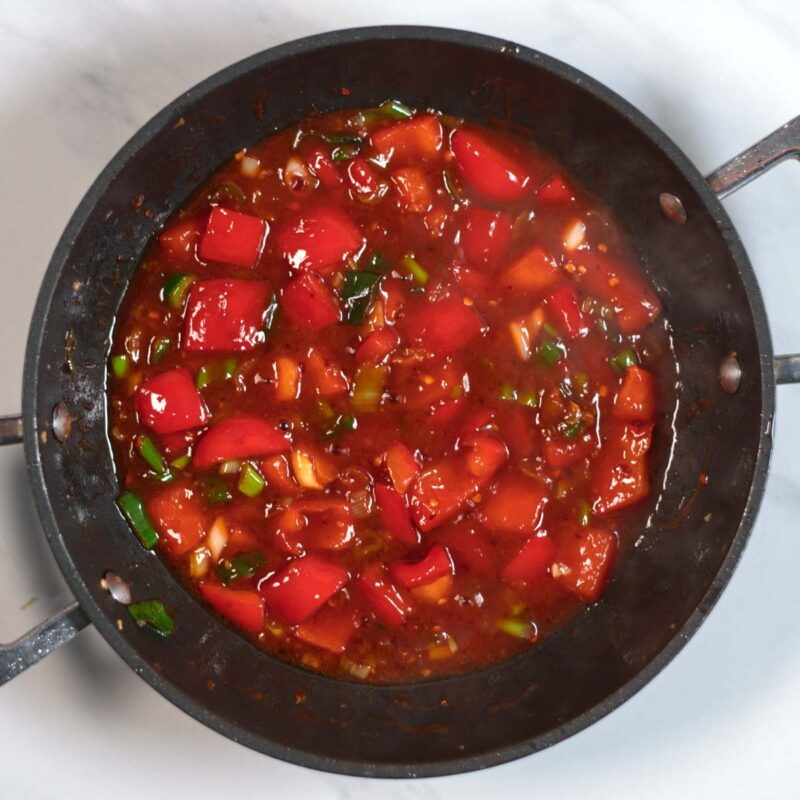 Chili Sauce for Chili Tofu is ready in the pan.