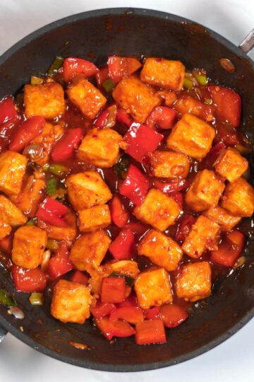 Ready Chili Tofu in the pan.