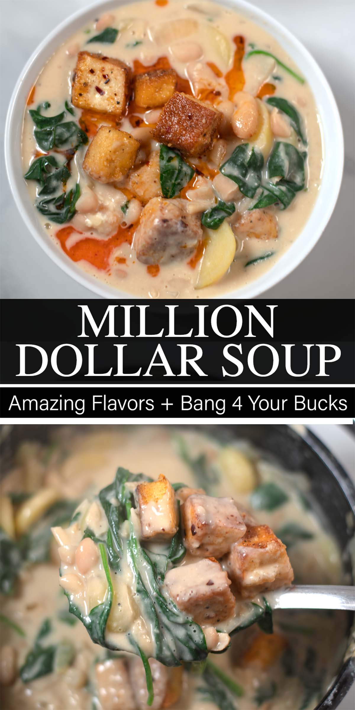 Collage of two photos of Million Dollar Soup with recipe title text.
