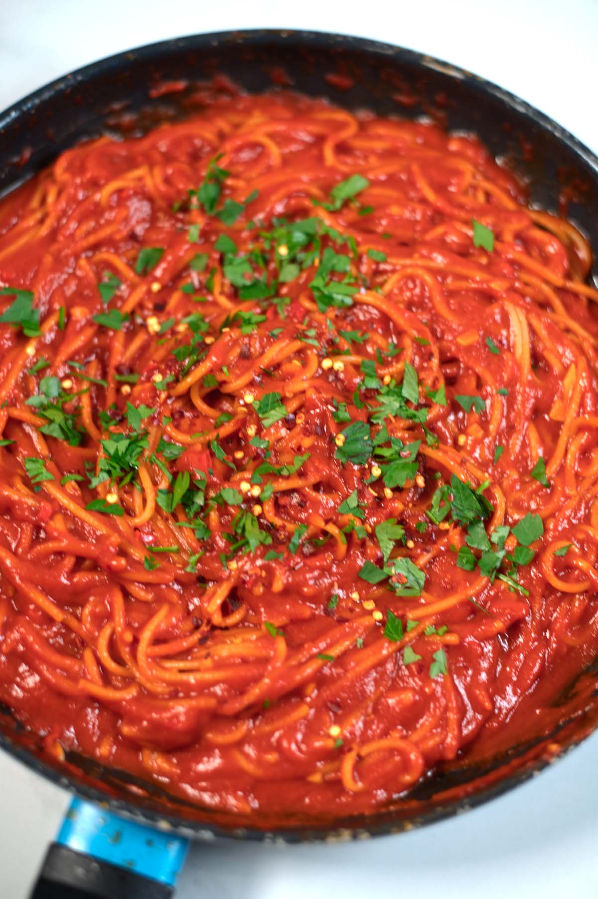 Closeup of Spaghetti All'Assassina.